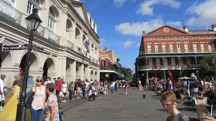 Outside of St. Louis Cathedral, Jackson Square (formerly Place d’Armes) serves as the Quarter’s central promenade, lined with fortune tellers and street artists.