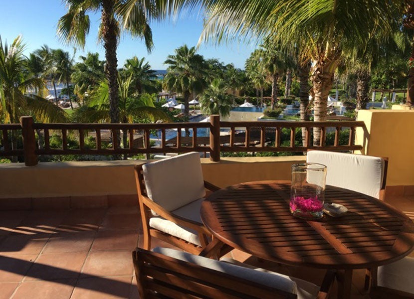 A peek at the adults-only infinity pool from our oversized balcony.