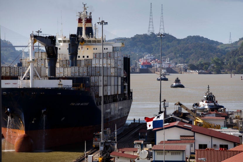 A ship approaches the Miraflores locks of the Panama Canal.