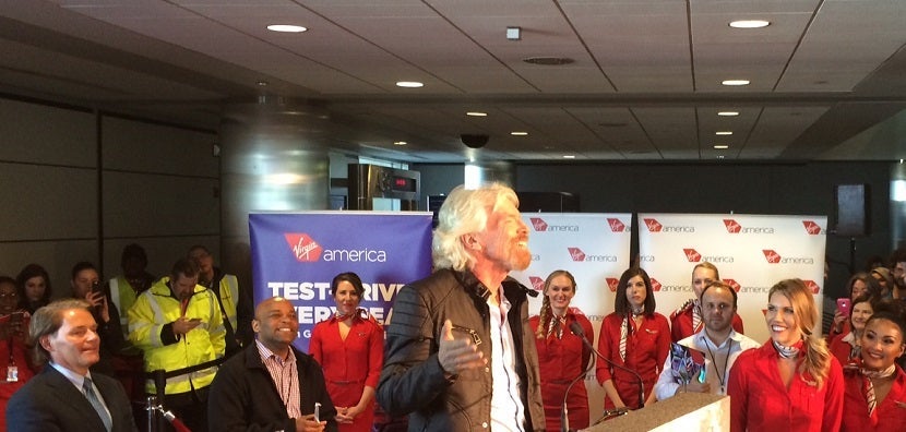 Sir Richard Branson and Denver Mayor Michael Hancock at Virgin America's inaugural flight to Denver.