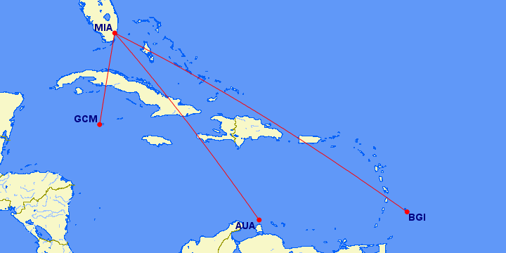 American has a lot of Caribbean routes thanks to hubs in Dallas and Miami.