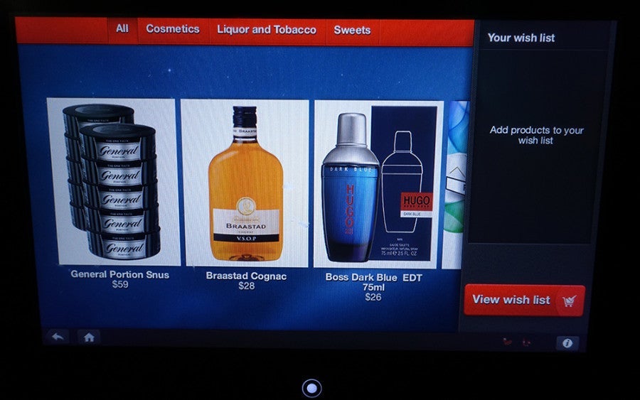 The duty free selections on board the plane.