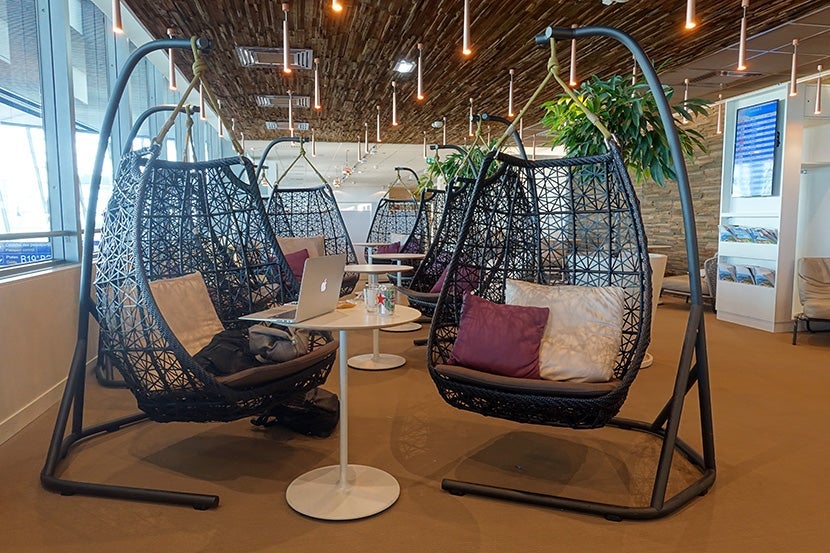 Some of the many seating options at the Cap Ferrat Lounge at Nice Airport.