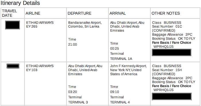 My itinerary from Colombo to New York via Abu Dhabi.