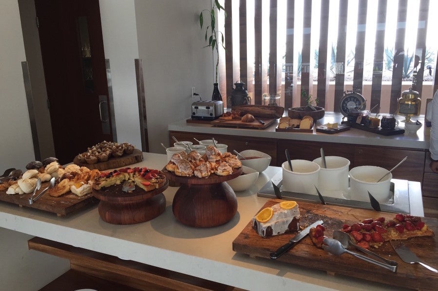 The pastry section of the continental breakfast buffet in the club lounge.
