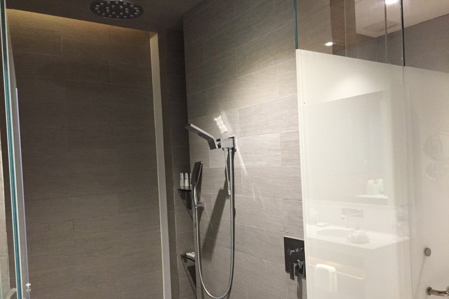 The shower in the room.