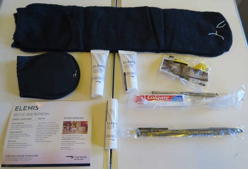Contents of the BA Club World amenity kit.