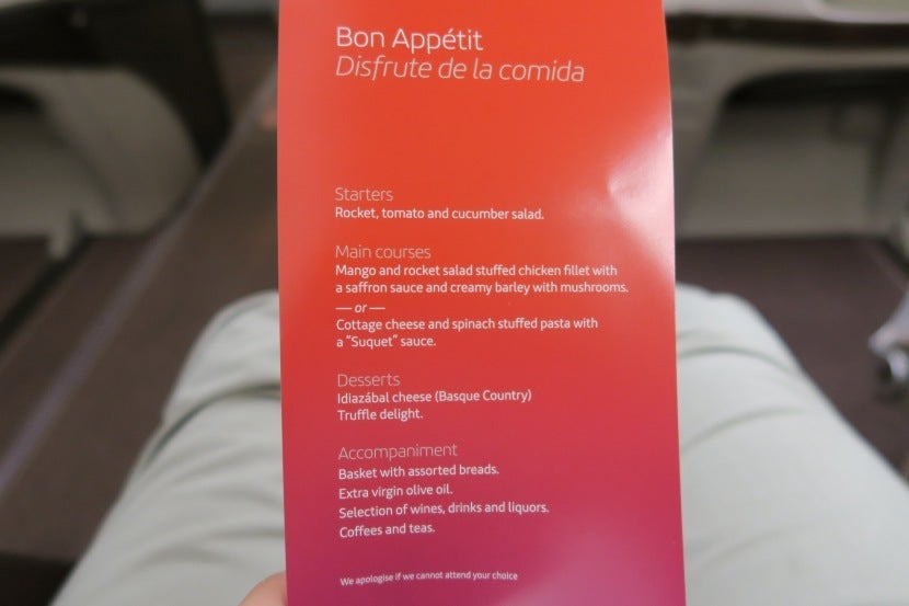 Printed menus were provided for the meal.