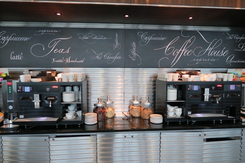 There are a few self-serve coffee/tea stations throughout the lounge.