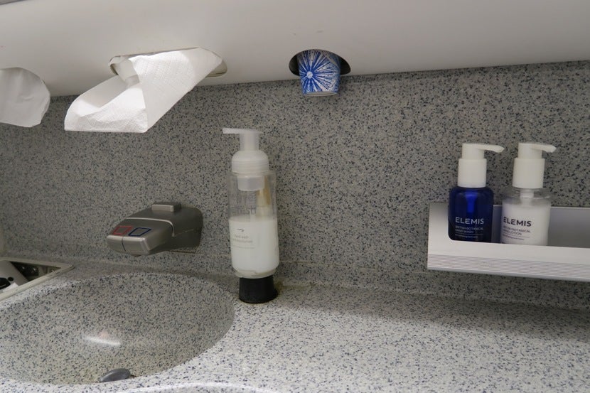 The Club World bathrooms contained more Elemis products, as well as cups for drinking.