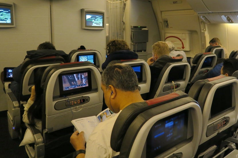 In-flight entertainment was situated in the seat backs, while screens at the front of the cabin displayed flight information.