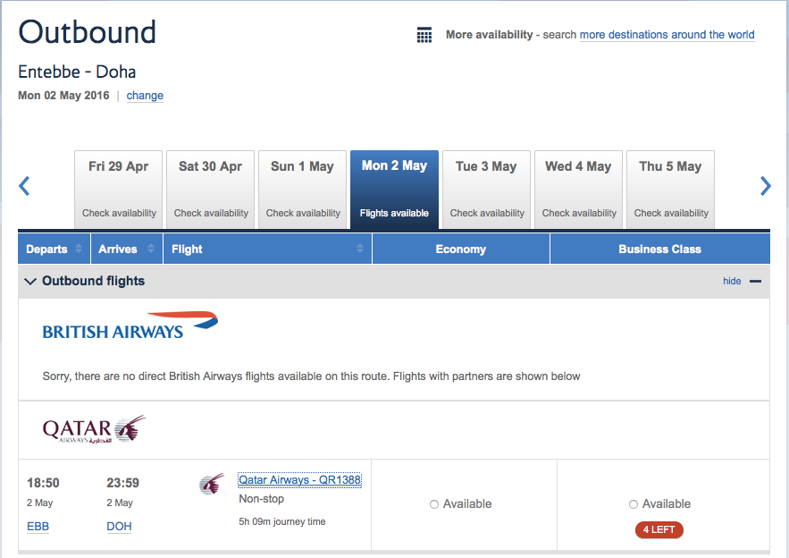 Just the portion from Doha to Entebbe is bookable.