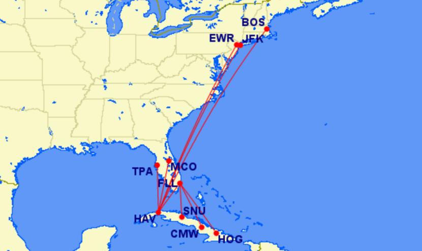 JetBlue's proposed Cuba routes.