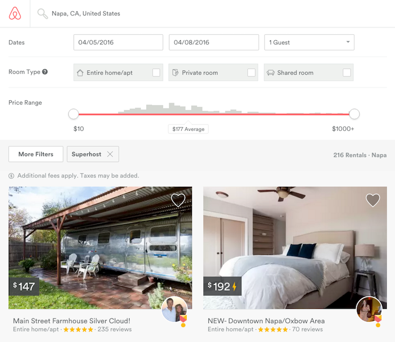 After you filter for the superhost setting, search results will appear for only those listings.
