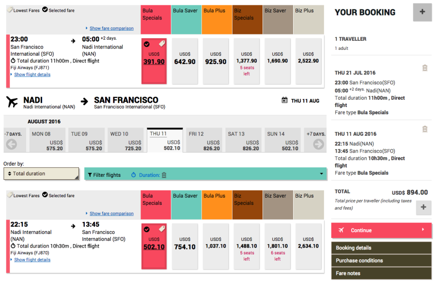 San Francisco (SFO) to Nadi, Fiji (NAN) for $894 on Fiji Airways.