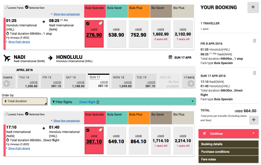 Honolulu (HNL) to Nadi, Fiji (NAN) for $794 on Fiji Airways.