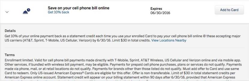 Save 10% on your cell phone bill with Amex Offers.