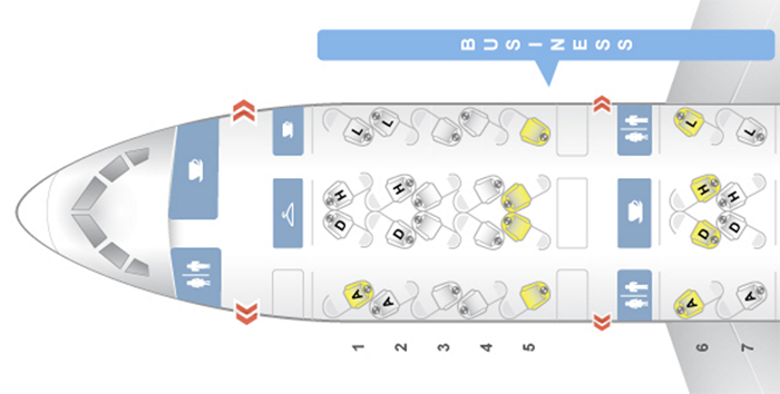 The Boeing 787 Dreamliner features all-aisle access flat-bed seats in business class in a 1-2-1 configuration.