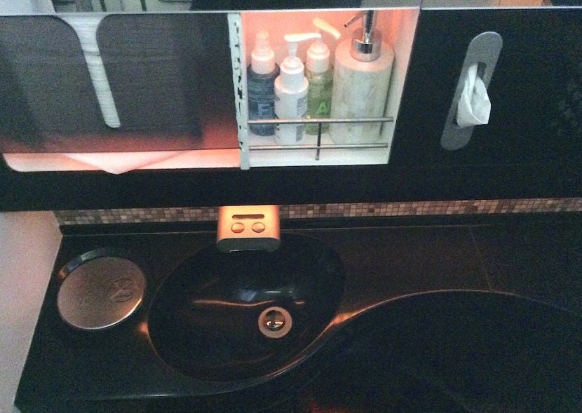 A shot of the sink and Scaramouche & Fandango products in the business-class lav.