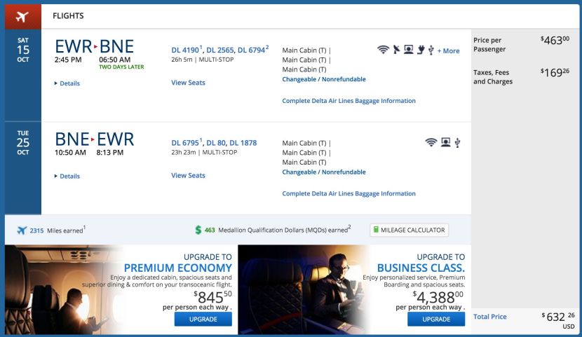 Newark (EWR) to Brisbane (BNE) for $632 on Delta.