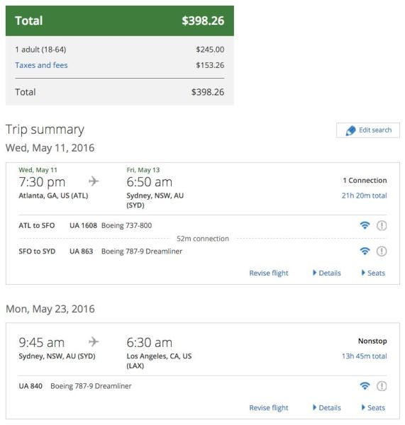 Atlanta (ATL) to Sydney (SYD) to Los Angeles (LAX) for $398 on United.