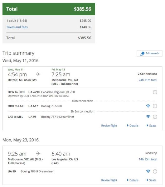 Detroit (DTW) to Melbourne (MEL) to Los Angeles (LAX) for $386 on United.