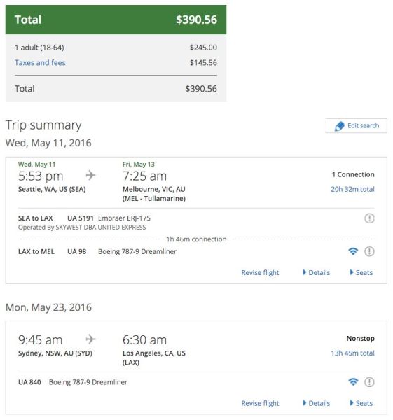 Seattle (SEA) to Melbourne (MEL), Sydney (SYD) to Los Angeles (LAX) for $391 on United.