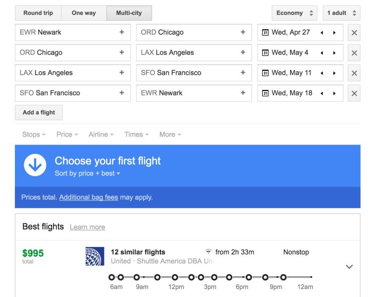 EWR-ORD, ORD-LAX, LAX-SFO and SFO-EWR booked on a multi-city