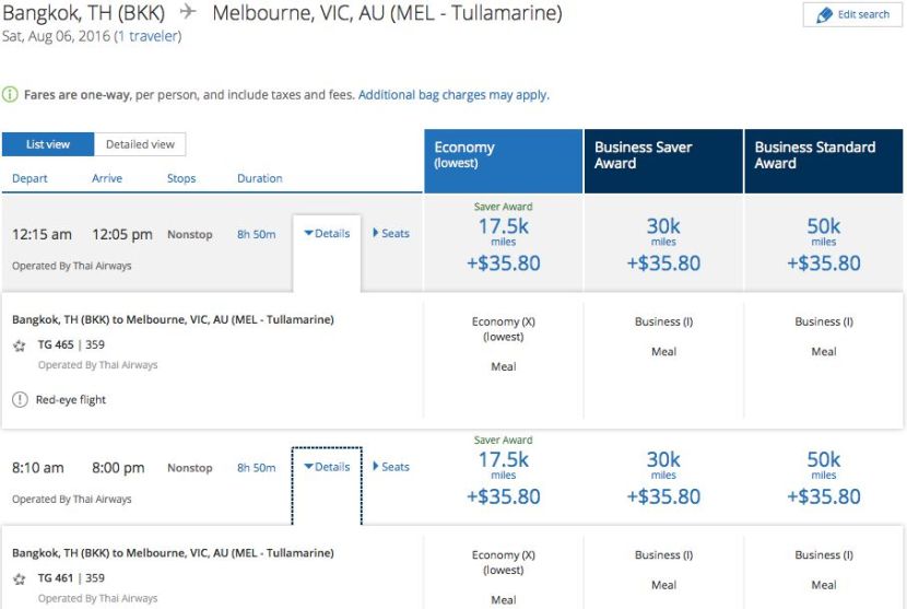 Plenty of award availability on THAI's A350 route from Bangkok to Melbourne.