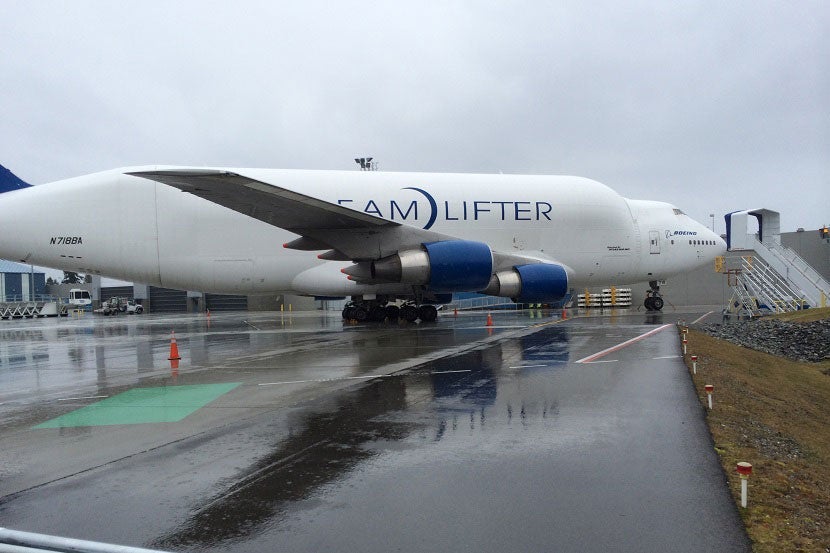 The Boeing Large Cargo Freighter (a highly-modified version of the 747), which transports pieces of the 787 Dreamliner to the factory.