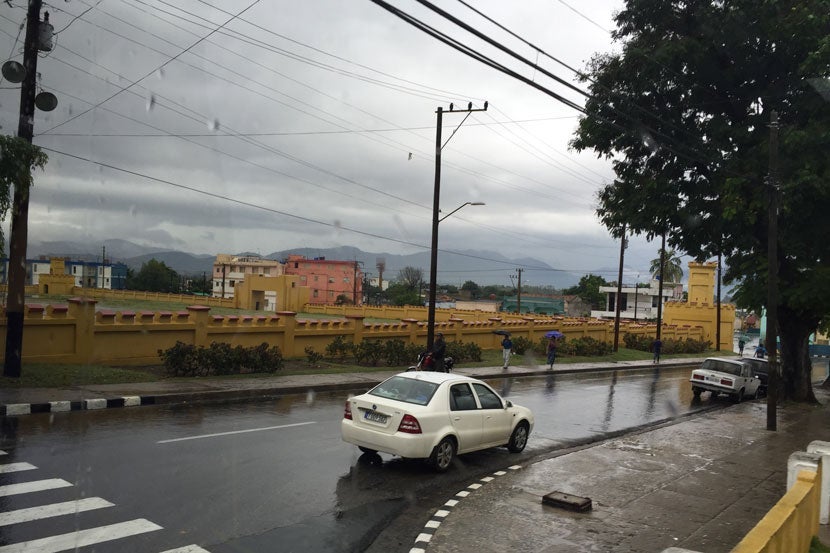 Driving by the Moncada Garrison, the site of an attack led by Fidel Castro on July 26, 1953, that led to the start of the Revolution.