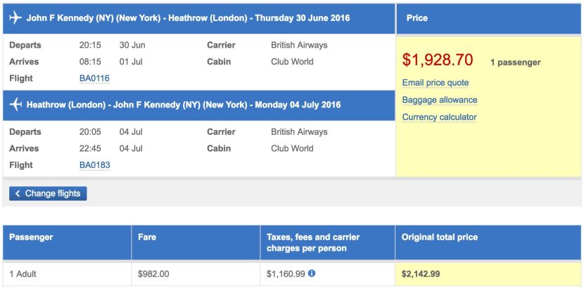 New York (JFK) to London (LHR) in business class on British Airways for $1,929.