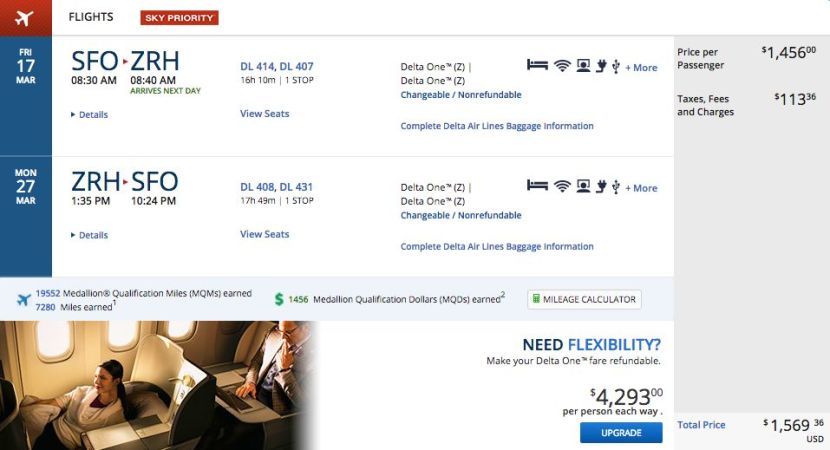 San Francisco (SFO) to Zurich (ZRH) for $1,569 round-trip in business class on Delta.
