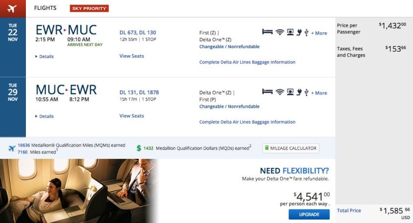 Newark (EWR) to Munich (MUC) for $1,586 round-trip in business class on Delta.