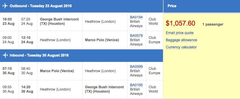 Houston (IAH) to Venice (VCE) for $1,058 round-trip in business class on British Airways.