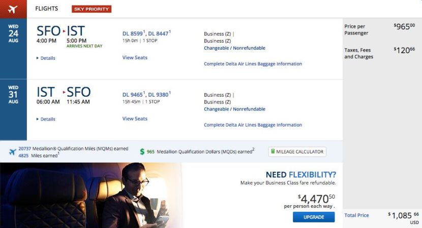 San Francisco (SFO) to Istanbul (IST) for $1,086 round-trip in business class and Air France and KLM.