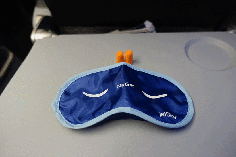An eye mask and a pair of earplugs were included in JetBlue's "Snooze Kit".