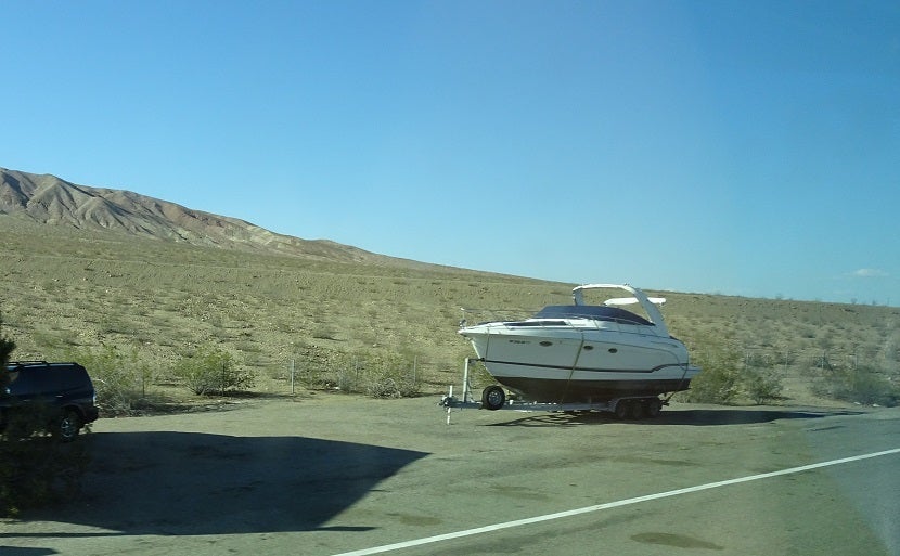 Strange sights abound, like a desert boat.