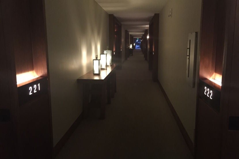 Mood lighting in the hallway of the Andaz Maui.