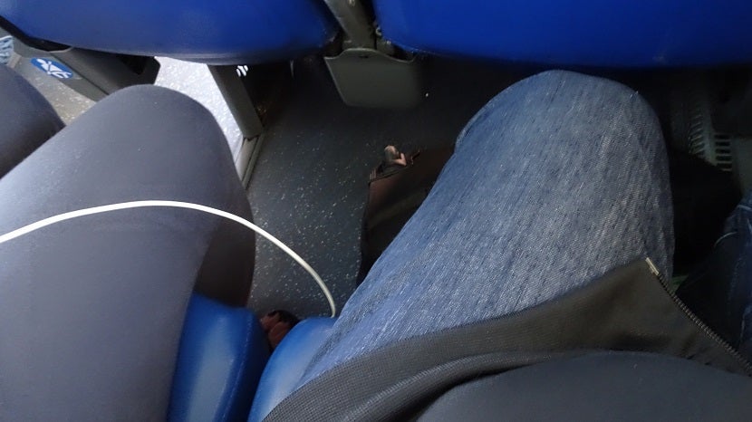 In-seat power outlets just where my leg can knock out the plug.