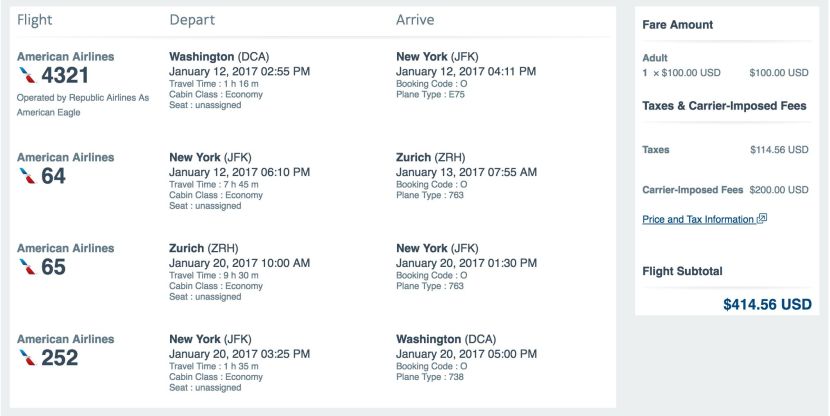 Washington, D.C. (DCA) to Zurich (ZUR) for $415 round-trip on American.