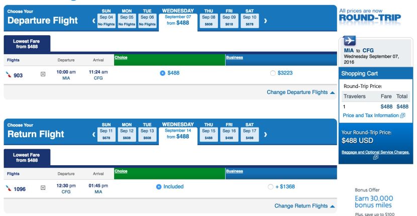 A round-trip flight between Miami and Cienfuegos.