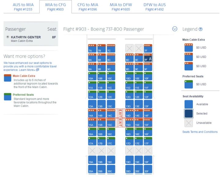 Seating is pretty wide open for the inaugural flight from MIA to CFG.