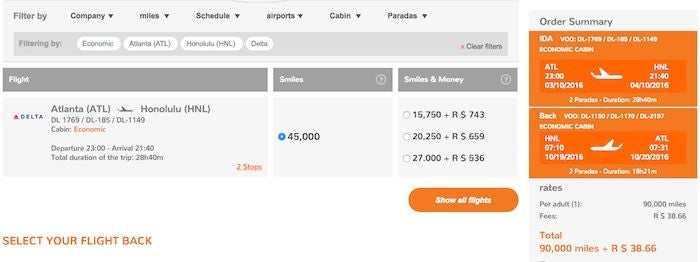 GOL Smiles wanted 90,000 miles round trip economy ATL-HNL, with stops in Orlando and Los Angeles. No thanks.