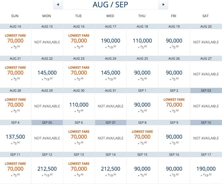 Delta One award availaibilithy from JFK-ACC in August and September.