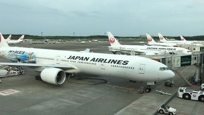 Japan Airlines planes lined up at the gate in Tokyo.