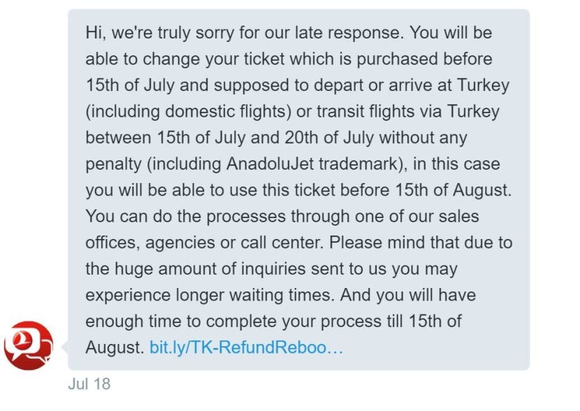 Finally a response via Twitter — three days later — from the Turkish Airlines Help Desk.
