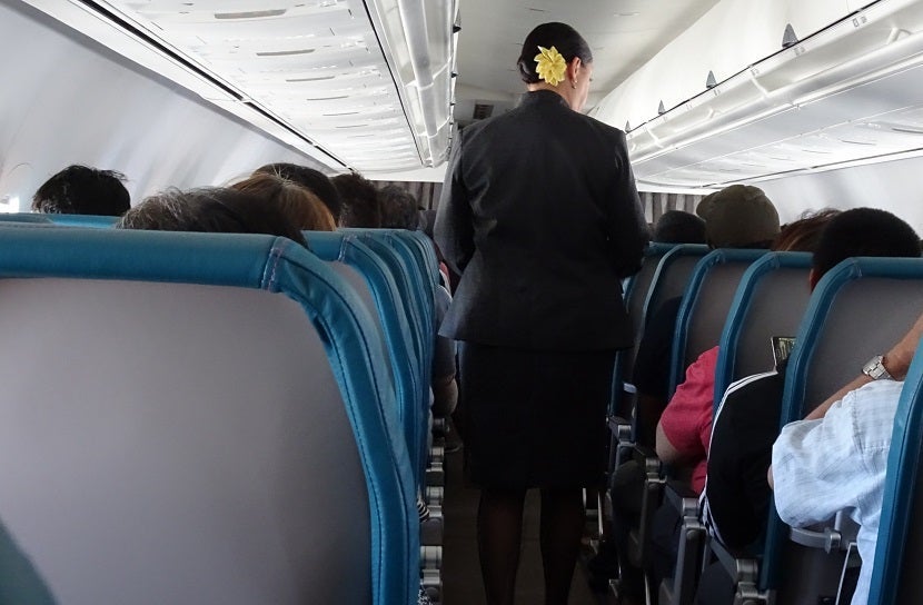Even from behind, you can tell a Hawaiian Airlines flight attendant by the flower in her hair.