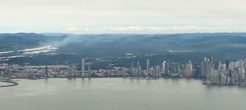 My view of Panama City on final approach with the Panama Canal entrance in the background.