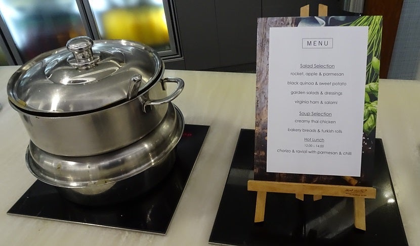 Hot soup and a menu of cold salads. Sadly, hot lunch was long over.